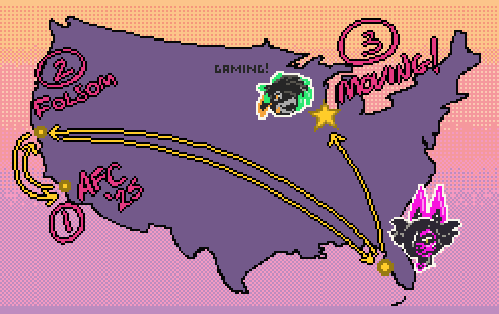 A pixel map of the US with pixel headshots of Simmy and Acid, and with arrows indicating my intended travel routes for September and October. It starts in the Tampa/St Pete area in Florida, moves back and forth between the San Francisco Bay Area and Ontario California, returns to Tampa, then finishes off in Chicago, Illinois, as this whole trip finishes off with a move.
