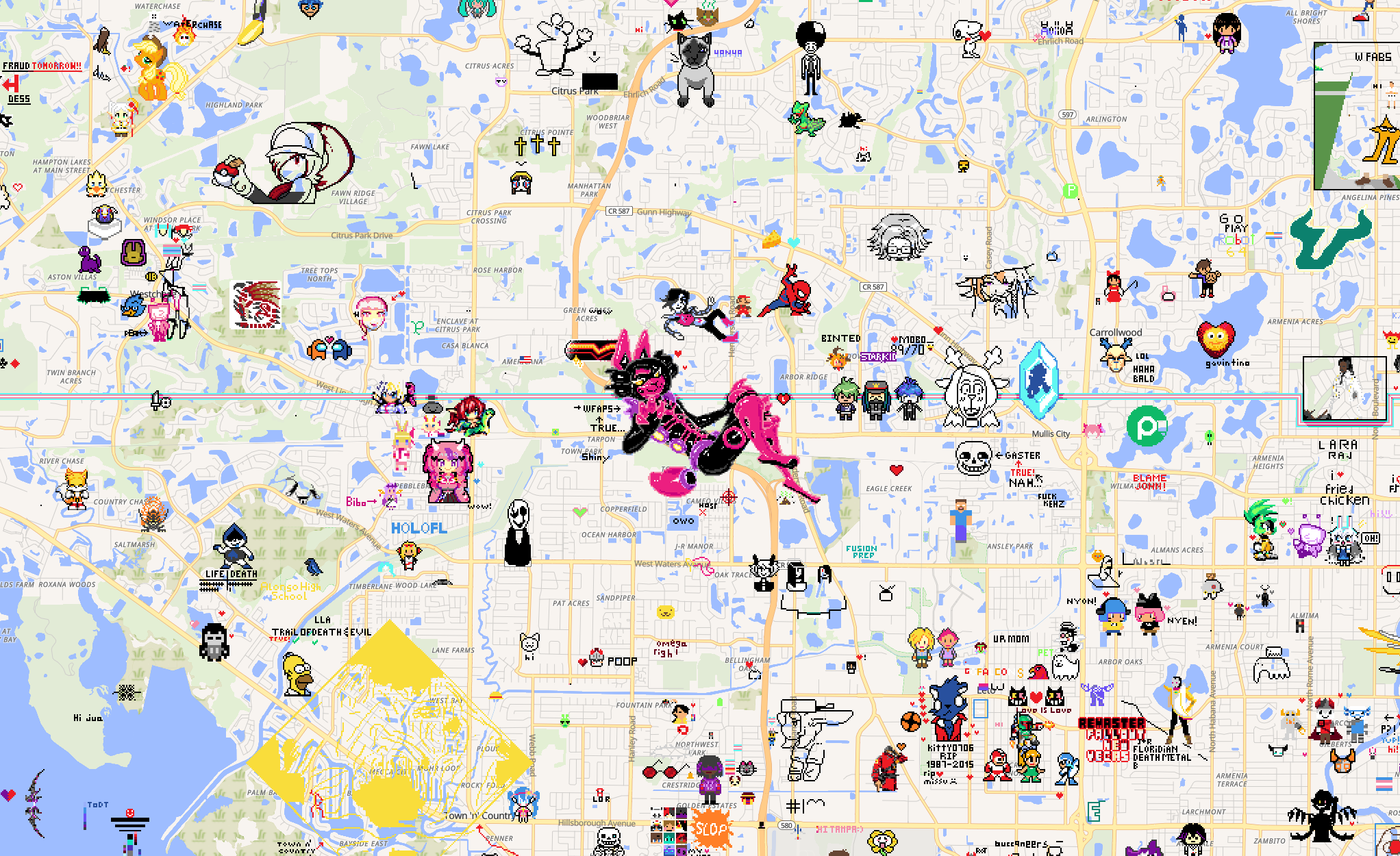 A screenshot from the site wplace.live around the Tampa/St Petersburg with my character Simmy drawn as pixel art reclinig on a major road, with many other pixel art doodles nearby.