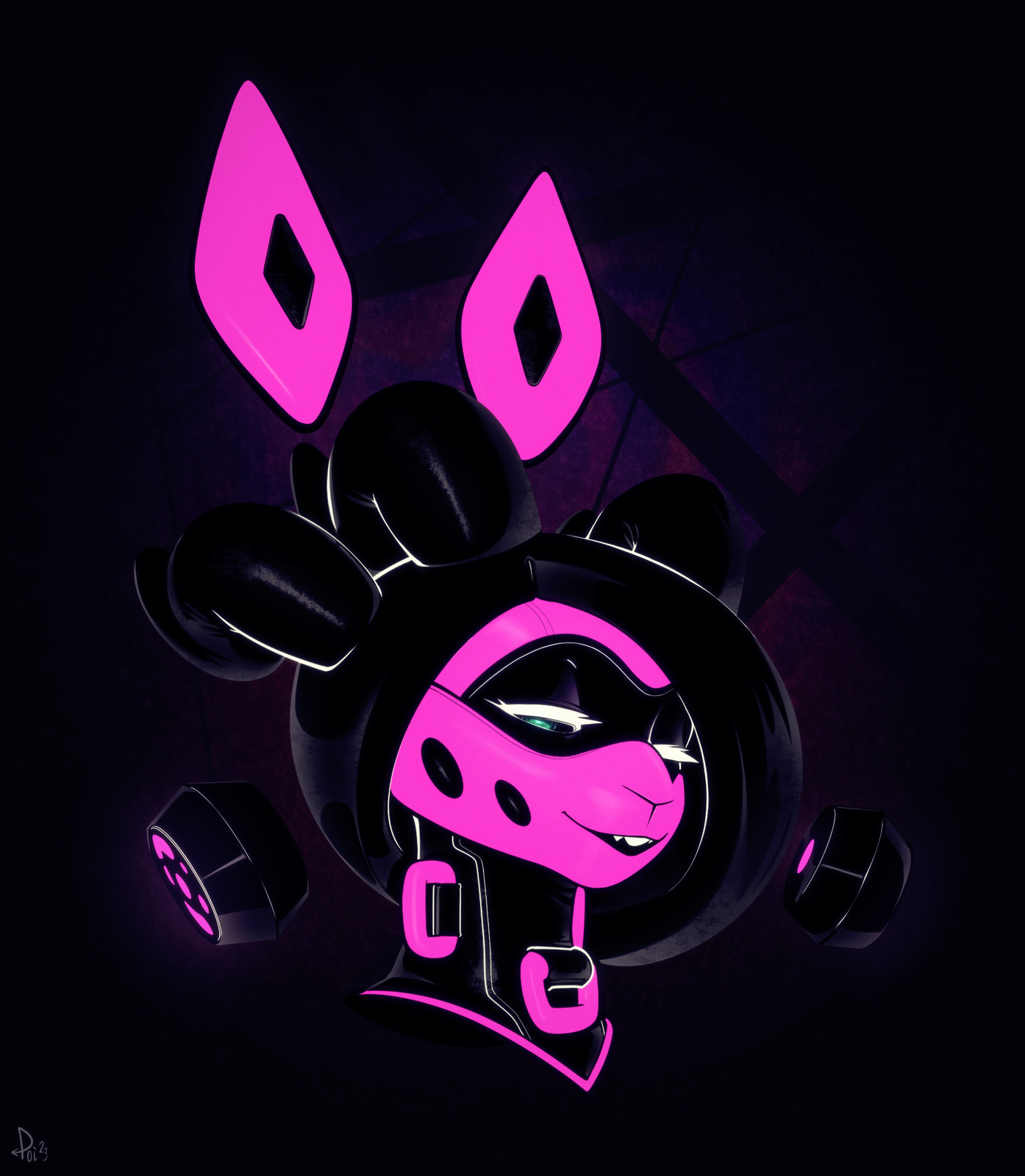 A demon-themed rubber anthro gasmask bunny creature, pink and black in coloration save for a small glimpse of teal eye. Their ears float above their head slightly behind them, and the gasmask filters float to either side of them.