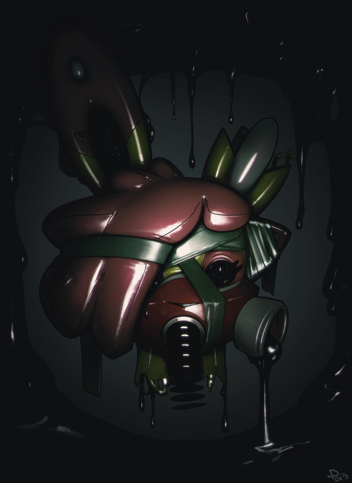 An eerie picture of bunny Simmy's head surrounded by black goop, some of which seems to be leaking out from its neck, gasmask filter, and eyes. Various bandages are wrapped around its face and the top of half of its left ear is broken off.