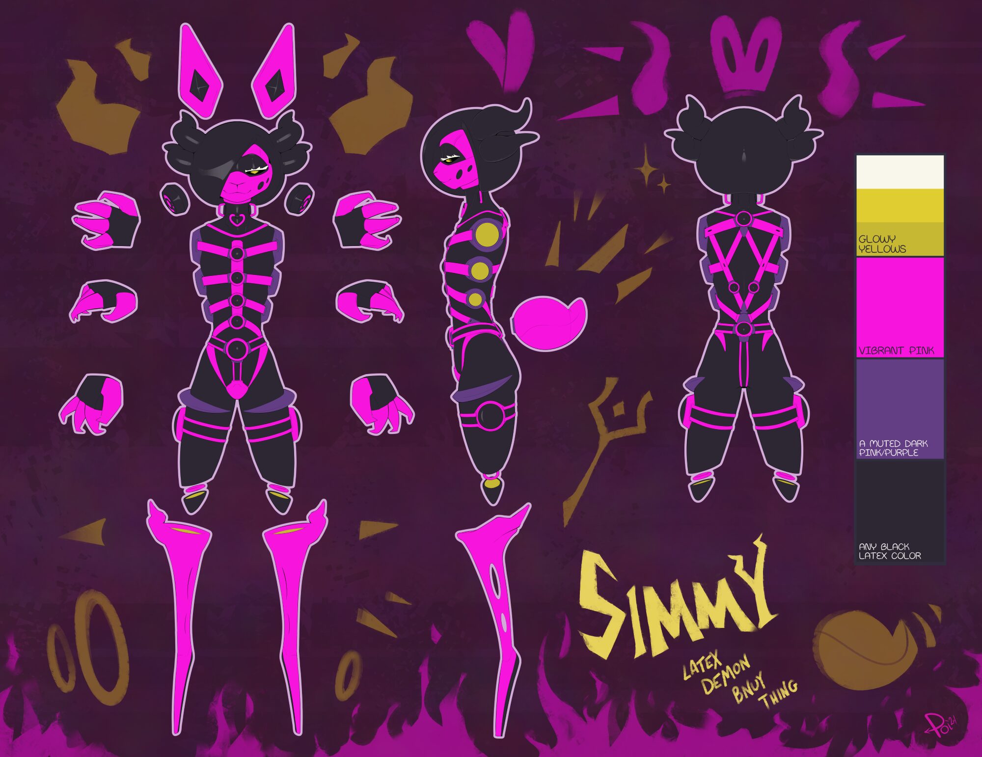 A reference sheet of the latex demon bunny form of Simmy.