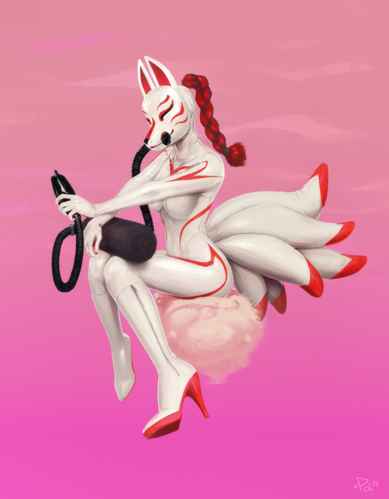 LayerIndustry's Kat is completely suited as a white latex kitsune with red markings. Their outfit includes matching white heels with a red platform, nine inflatable tails, and a kitsune mask gasmask (which is currently hooked up to a mysterious tank rested on their lap and split off to a rebreather bag). They're sitting atop a pink cloud over a pink-ish gradient background.